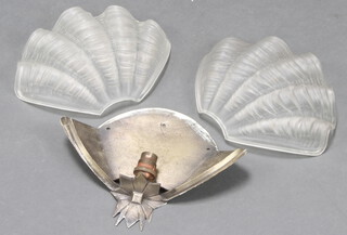 Two 1930's Art Deco opaque glass shell shaped wall light shades 20cm x 26cm together with 1 wall mount (1 lamp chipped) 