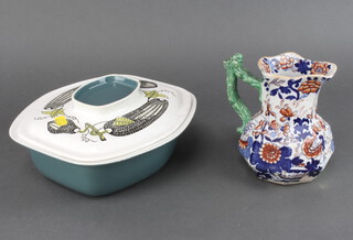 A blue and white water jug 3 others, two art deco meat plates one other, a tureen cover and ladle, a mug, vase and jardiniere