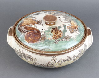 A Llanbrynmair Studio ceramic casserole and cover decorated with animals  