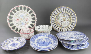 A Continental ribbon ware twin handled bowl 7cm x 19cm, 2 Spode blue and white plates and a small collection of blue and white plates etc 