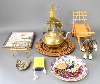 A ceramic figure of a shire horse with cart, a copper kettle, minor metalware and a ceramic picture 