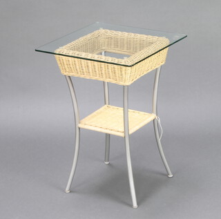 A contemporary tubular metal and woven cane 2 tier lamp table with plate glass top 57cm h x 46cm x 40cm 