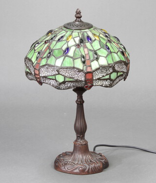 A Liberty's style "bronze" table lamp with stained glass shade 43cm h x 26cm diam. 