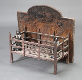 An iron fire back decorated a coat of arms 56cm h x 68cm w, a rectangular log basket 22cm h x 53cm w x 28cm d and an iron grate front supported by 2 standing knights 20cm h x 50cm w x 8cm d 