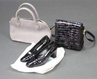 A pair of lady's crocodile effect shoes by Ivory of Bond Street boxed, together with a matching handbag and faux snakeskin bag by Osprey 