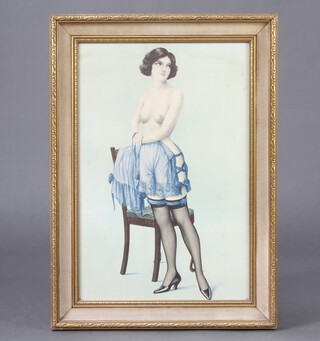 20th Century print, unsigned, study of a semi-clad lady in her under garments 50cm x 33cm 