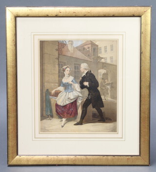 Baxter print, lady and gentleman before buildings 34cm x 28cm  