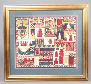 20th Century wool work embroidery of buildings 38cm x 45cm 