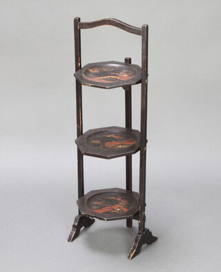 A 1930's Chinoiserie style black lacquered folding cake stand 80cm h x 26cm x 22cm w 
