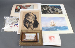 A folio, mixed media, including prints, wood cuts, maritime print, etc, etc