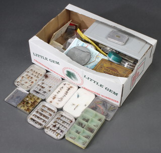 Five small Hardy fly boxes, ditto Wheatley and other fishing fly boxes, flies in packs etc 