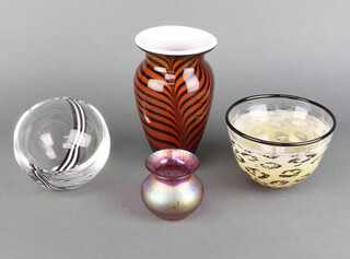 A Loetz pink style iridescent baluster vase 10cm, 2 bowls and a Studio vase 