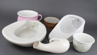 A copper washing dolly, 2 slipper bed pans, 2 jelly  moulds etc 