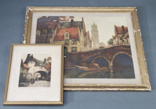 Early 20th century, coloured etching, signed, Bruges view,53cm by 64cm  a ditto, 29cm by 19cm