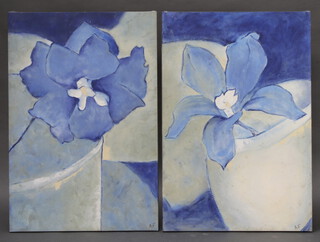 Adelaine Fletcher, oils on canvas a pair, stylised floral studies unframed 100cm x 68cm 