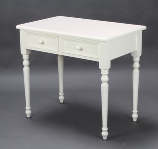 A Victorian style white laminate side/writing table on turned supports 80cm h x 88cm w x 55cm d  