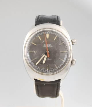 A gentleman's vintage steel cased Omega Chronostop Geneve cased wristwatch, contained in 35mm case, on a leather strap with charcoal face and polished steel batons the interior case numbered 145.010 and 145.009 the movement numbered 27330562