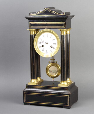 J Marti, a French 19th Century striking on bell portico clock with enamelled dial and Roman numerals, the back plate numbered 863 J Marti, contained in an ebonised and gilt mounted case, complete with gridiron pendulum and key  
