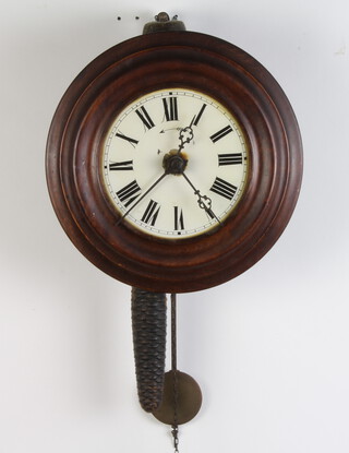 A postman's Continental alarm clock with 14cm enamelled dial, striking on bell, complete with pendulum, 1 chain only and with associated weights