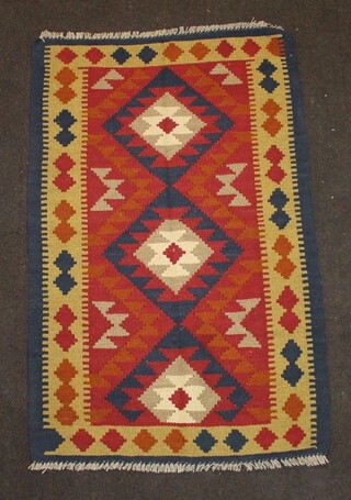 A red, tan and black ground Maimana Kilim with 3 stylised diamonds to the centre  131cm x 84cm 