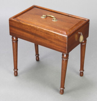 A Victorian rectangular mahogany bidet with sliding top and plush interior, raised on later turned supports (no liner) 42cm x 43cm x 27cm