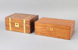 A Victorian walnut and brass banded writing slope with hinged lid 40cm h x 30cm w x 23cm d, together with a walnut sewing box with hinged lid 13cm h x 35cm w x 20cm d 