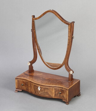 A 19th Century Hepplewhite style shield shaped dressing table mirror contained in an inlaid mahogany frame, the base of serpentine outline fitted 3 drawers raised on bracket feet 55cm h x 40cm w x 18cm d 