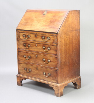 A Georgian mahogany bureau, the fall front revealing well fitted interior with secret drawer, above 4 long drawers raised on bracket feet 108cm h x 77cm w x 46cm d