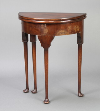 A Georgian style mahogany demi-lune card table with hinged lid, raised on club supports 75cm h x 60cm w x 30cm d