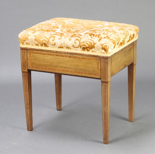 An Edwardian rectangular inlaid bleached mahogany piano stool with over stuffed seats, on square tapered supports 50cm h x 48cm w x 38cm d 