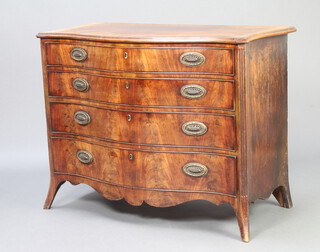 A George III crossbanded mahogany chest of serpentine outline and fluted canted corners, fitted 4 long drawers, raised on splayed bracket feet 85cm h x 110cm w x 56cm d 