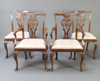 A set of 4 1930's Chippendale style carved walnut dining chairs with pierced vase shaped slat backs, upholstered drop in seats, on cabriole and hoof supports 