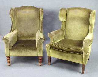 A 19th Century winged armchair upholstered in green material together with a similar armchair 