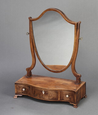 A 19th Century SHeraton style shield shaped dressing table mirror contained in a bleached mahogany swing frame, the crossbanded and inlaid base of serpentine outline fitted 1 long and 2 short drawers, raised on cabriole supports 60cm h x 45cm w x 21cm d  