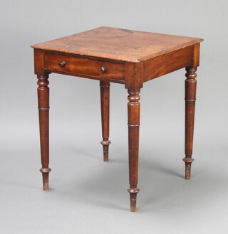 A Victorian square mahogany side table fitted a frieze drawer with tore handles, raised on turned supports 72cm h x 60cm w x 60cm d