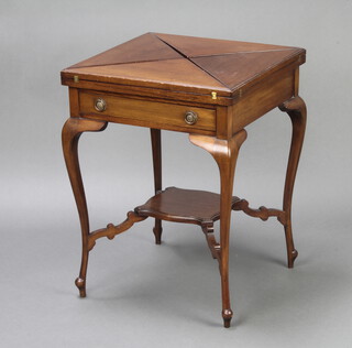 An Edwardian walnut envelope card table fitted a frieze drawer, raised on cabriole supports with undertier 73cm h x 55cm w x 55cm d 