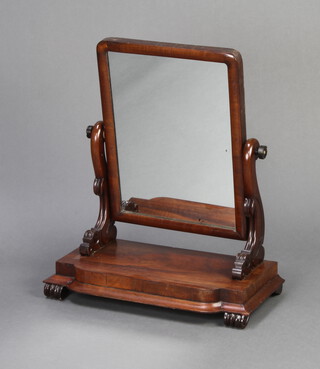 A William IV rectangular plate dressing table mirror contained in a mahogany swing frame, raised on scroll supports 60cm h x 52cm w x 24cm d 