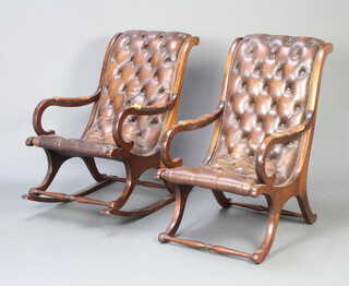 A Regency style mahogany show frame rocking chair upholstered in brown buttoned leather together with a matching open arm chair 