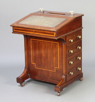 An Edwardian inlaid mahogany Davenport the top fitted a pen recess and 2 inkwell recesses with associated inkwells, having a green leather writing surface, the pedestal fitted 4 drawers 75cm h x 55cm w x 57cm d 