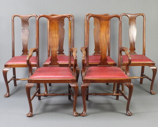 A set of 6 1930's Queen Anne style walnut slat back dining chairs with upholstered drop in seats raised on cabriole supports and H framed stretcher  
