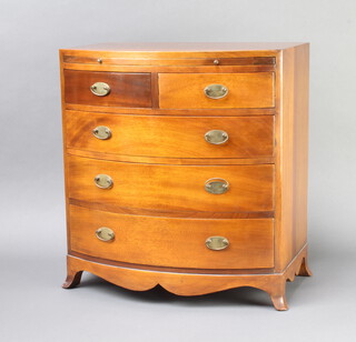 An Oriental hardwood Georgian style mahogany bow front apprentice chest with brushing slide above 2 short and 3 long drawers, raised on splayed bracket feet 44cm h x 41cm w x 26cm d 