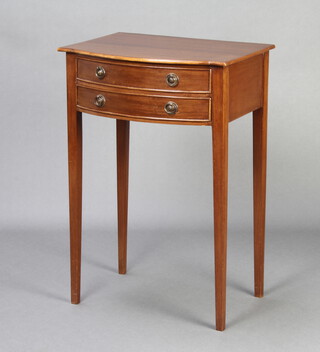 A Georgian style mahogany bow front 2 tier side table fitted 2 drawers and raised on square tapered supports 67cm h x 45cm w x 35cm d 