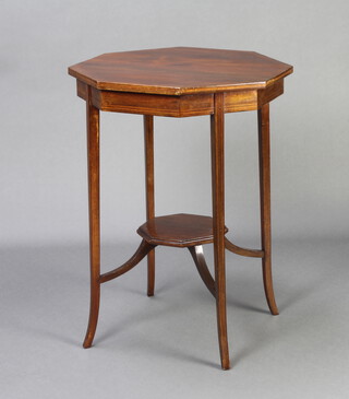 An Edwardian inlaid mahogany octagonal 2 tier occasional table raised on outswept supports 73cm x 53cm x 53cm 