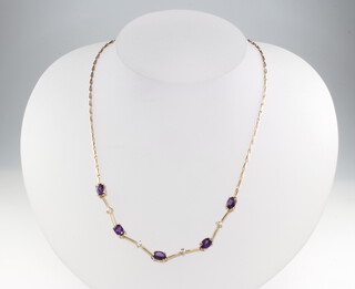 A 9ct yellow gold 4 stone diamond and 5 stone amethyst necklace, the amethysts 2ct, the diamonds 0.2ct, 7.7 grams, 40cm 