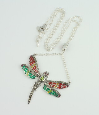 A silver peridot, garnet, ruby, marcasite and plique a jour dragonfly necklace 