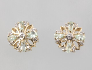 A pair of 9ct yellow gold green quartz and diamond ear studs, 10mm, 2.5 grams