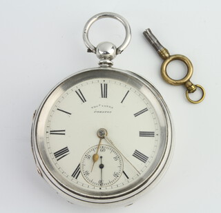A Victorian silver keywind pocket watch with seconds at 6 o'clock, the dial inscribed Thos Yates Preston, London 1886, contained in a 50mm case with key 