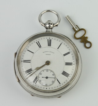 An Edwardian silver cased keywind pocket watch with seconds at 6 o'clock, dial inscribed Harris Stone Leeds, in a 50mm case with original key 