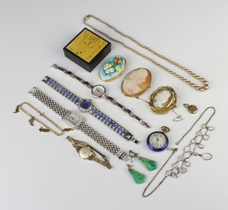A Victorian gilt cameo brooch, 1 other, an enamelled fob watch, a lady's Tissot wristwatch and minor costume jewellery 