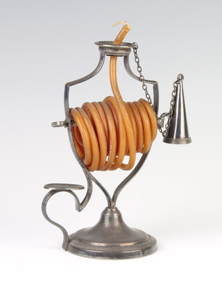 A silver plated wax jack with snuffer, raised on a turned base 15cm 